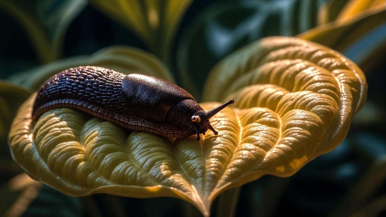 Slug struggling on thick corrugated leaves of slug-resistant Hosta August Moon