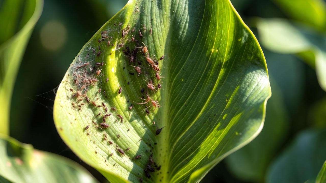 Spider mite damage on calla lily leaf before and after treatment