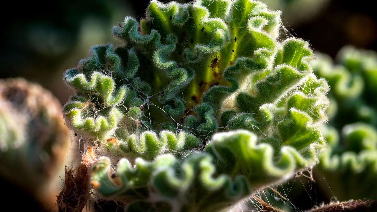 Spider mites on underside of curly leaf plant revealed with flashlight – common hidden pest