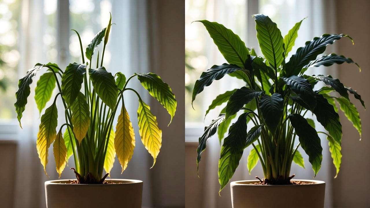 Peace lily before and after watering dramatic recovery from drooping