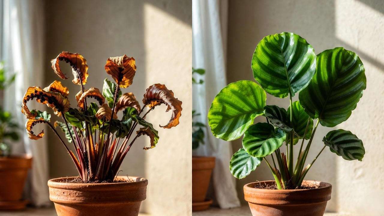Before and after calathea orbifolia recovered from severe aphid infestation