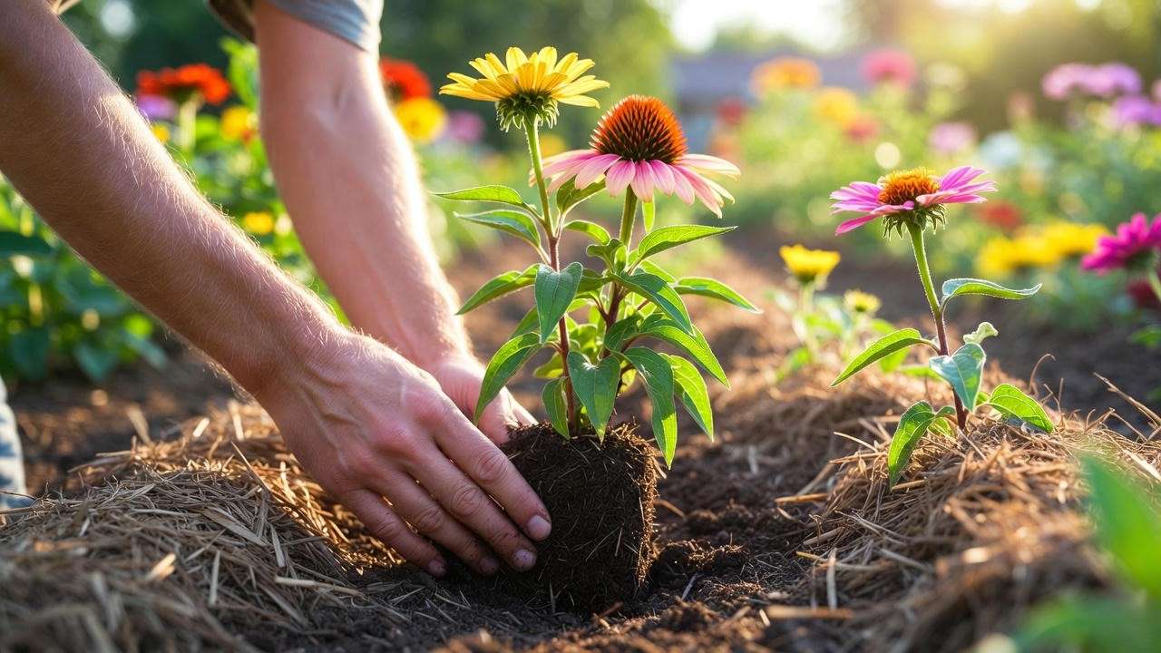 Planting a summer bloom plant with mulch and compost for heat tolerance