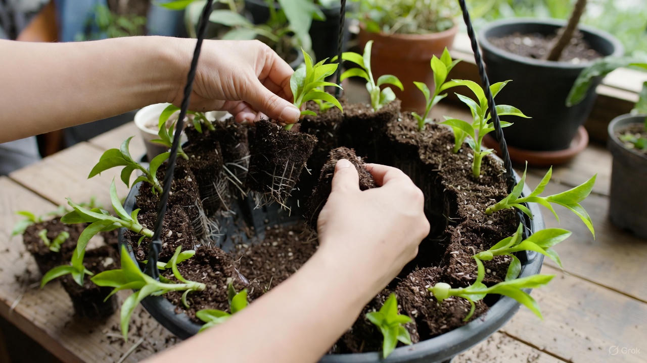 Step-by-step planting Tahitian bridal veil cuttings with even spacing in hanging basket