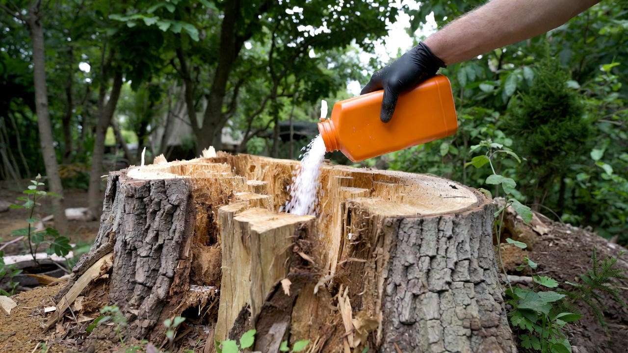 Applying potassium nitrate stump remover granules into drilled holes to speed decomposition