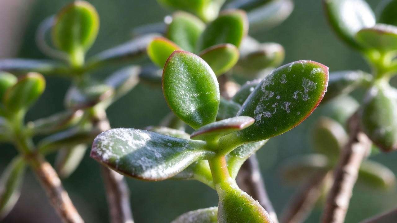 White powdery mildew on jade plant leaves – the most common cause of white spots on jade plant