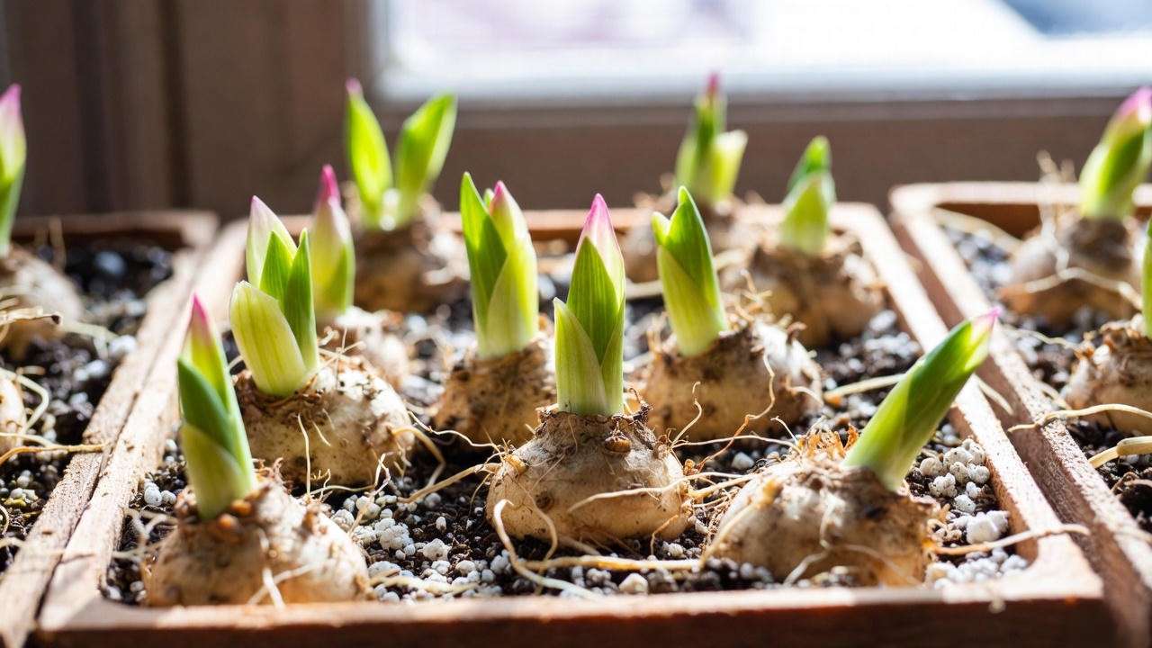 Dahlia tubers pre-sprouting indoors with strong healthy sprouts
