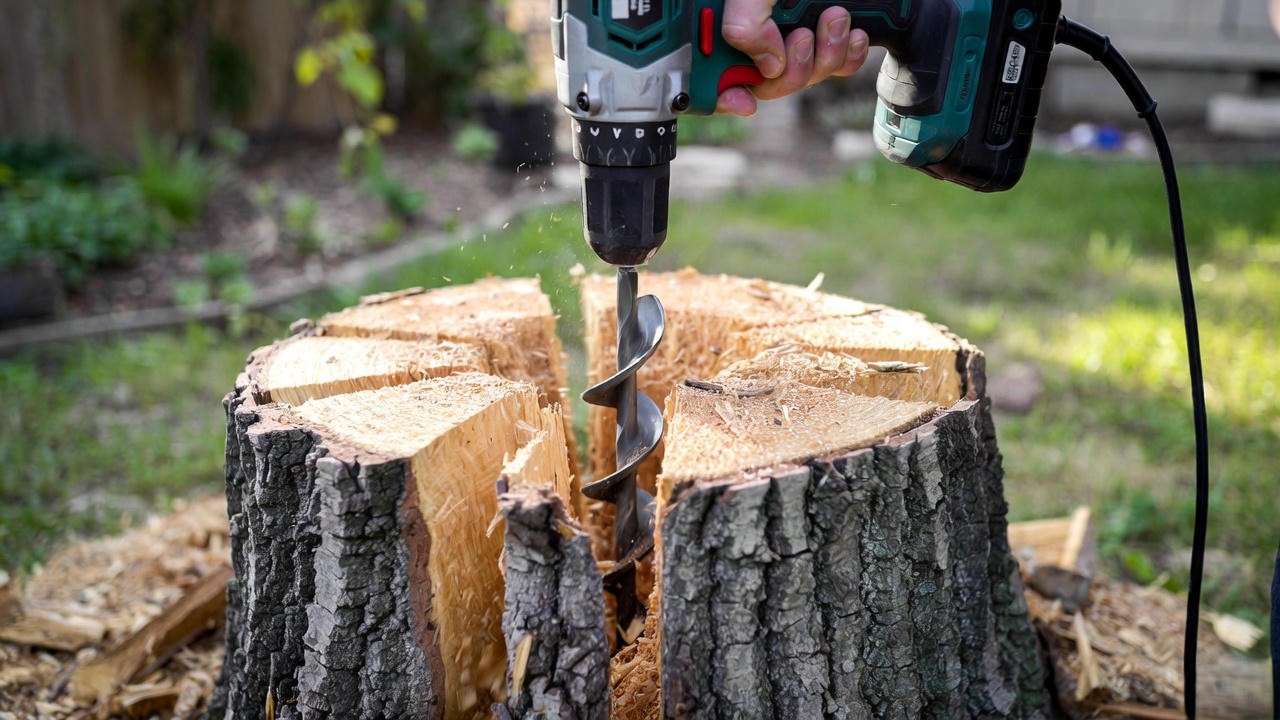 Close-up of drilling deep holes into a tree stump to speed up rotting and decomposition