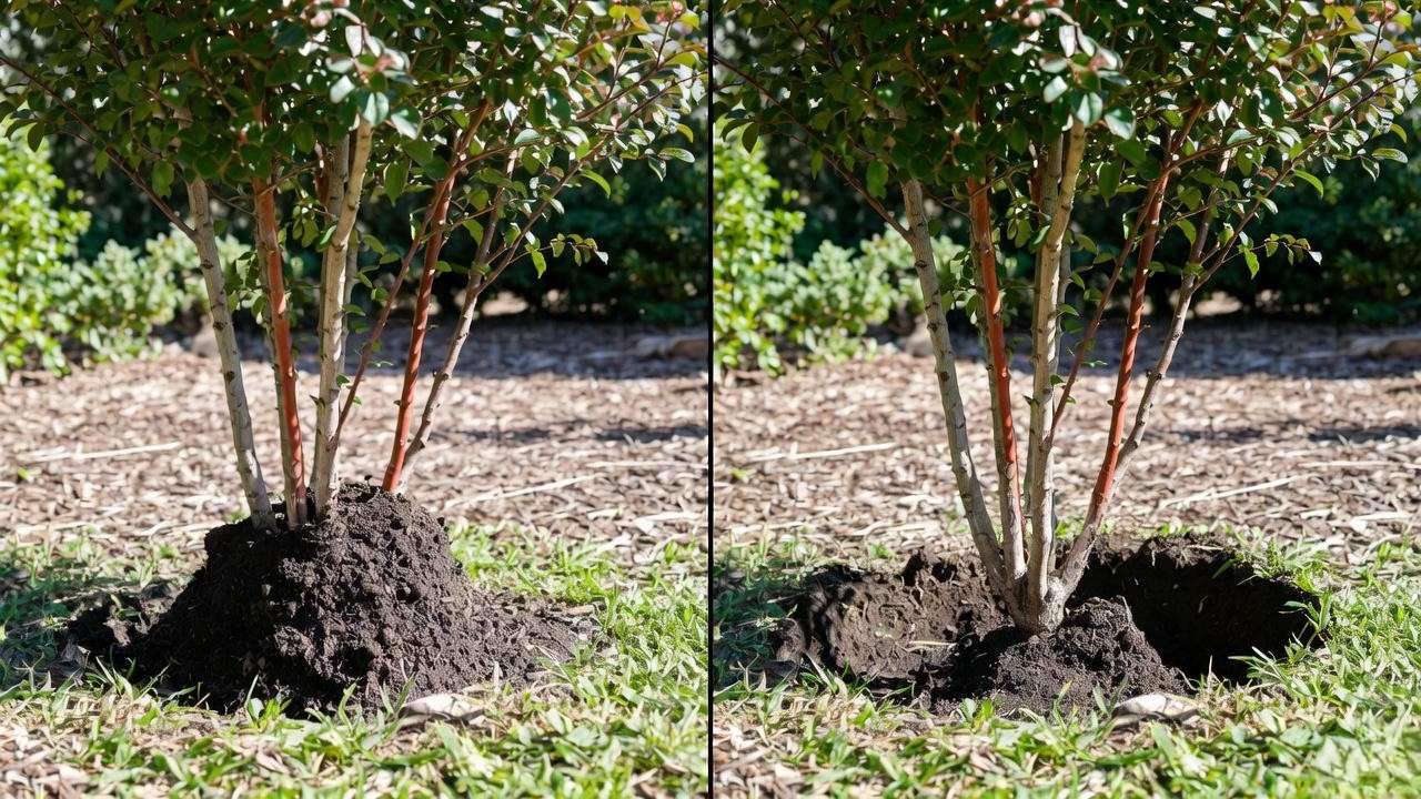Correct root flare exposure when planting crape myrtle – before and after comparison