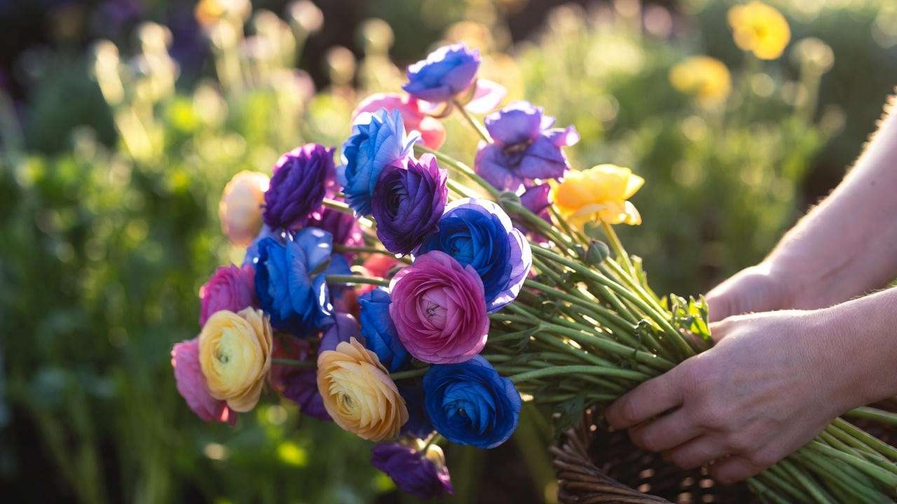 Florist-quality long-stem ranunculus ready for cutting from properly timed planting