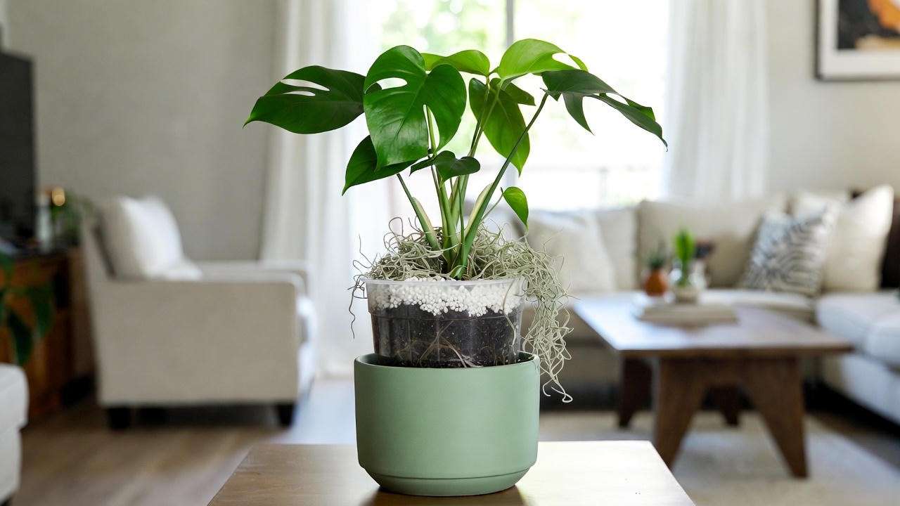 Double-potting hack – clear pot inside decorative ceramic with moss topping