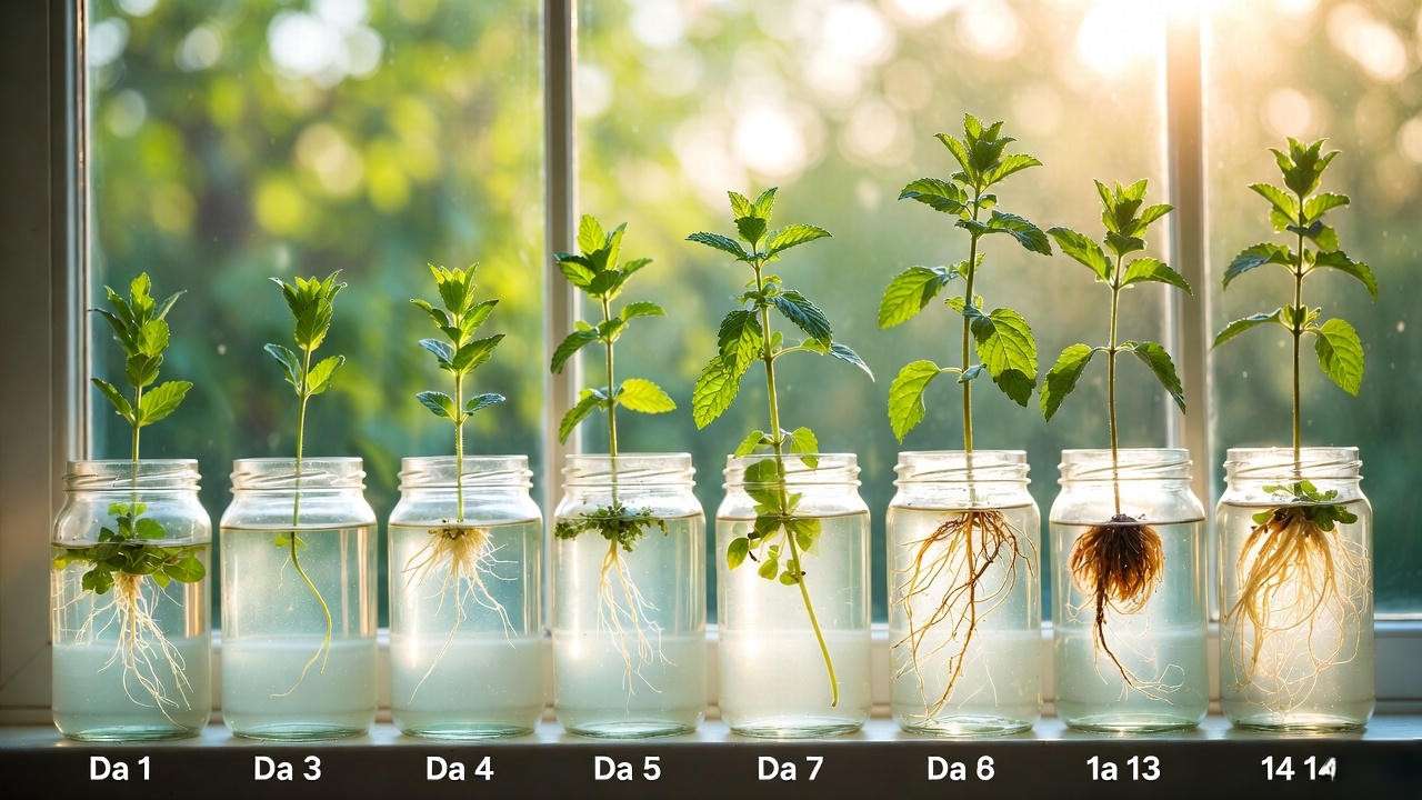 Vietnamese mint stem cuttings rooting in water showing root development over 14 days