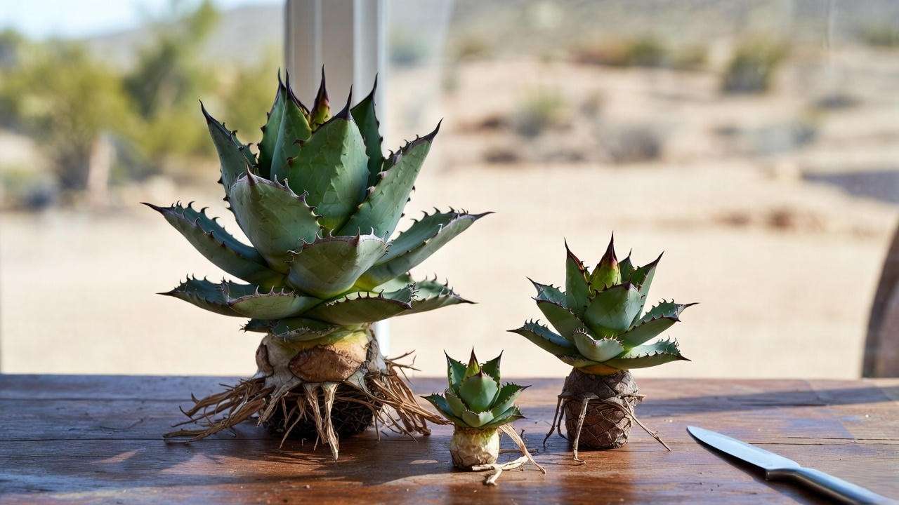 Freshly separated century plant pups ready for propagation and planting