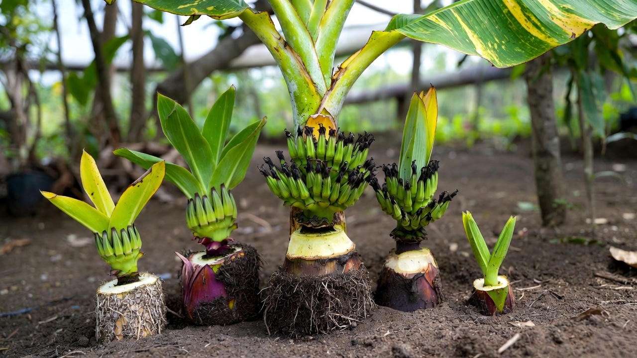 Propagating variegated banana plant by dividing pups and suckers