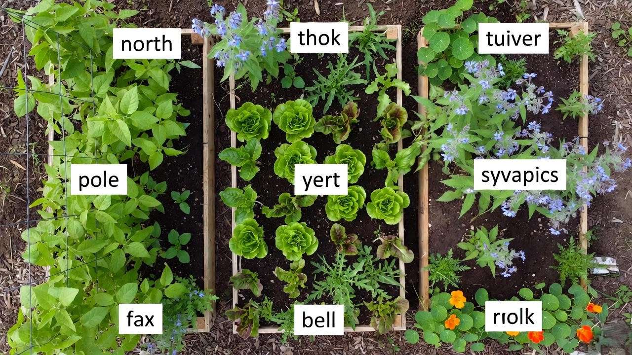 Top-down view of ideal 4x4 raised bed companion planting layout for arugula 2025