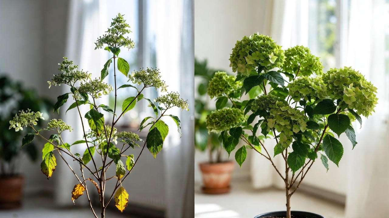 Before and after pruning indoor hydrangea for compact shape and more flowers
