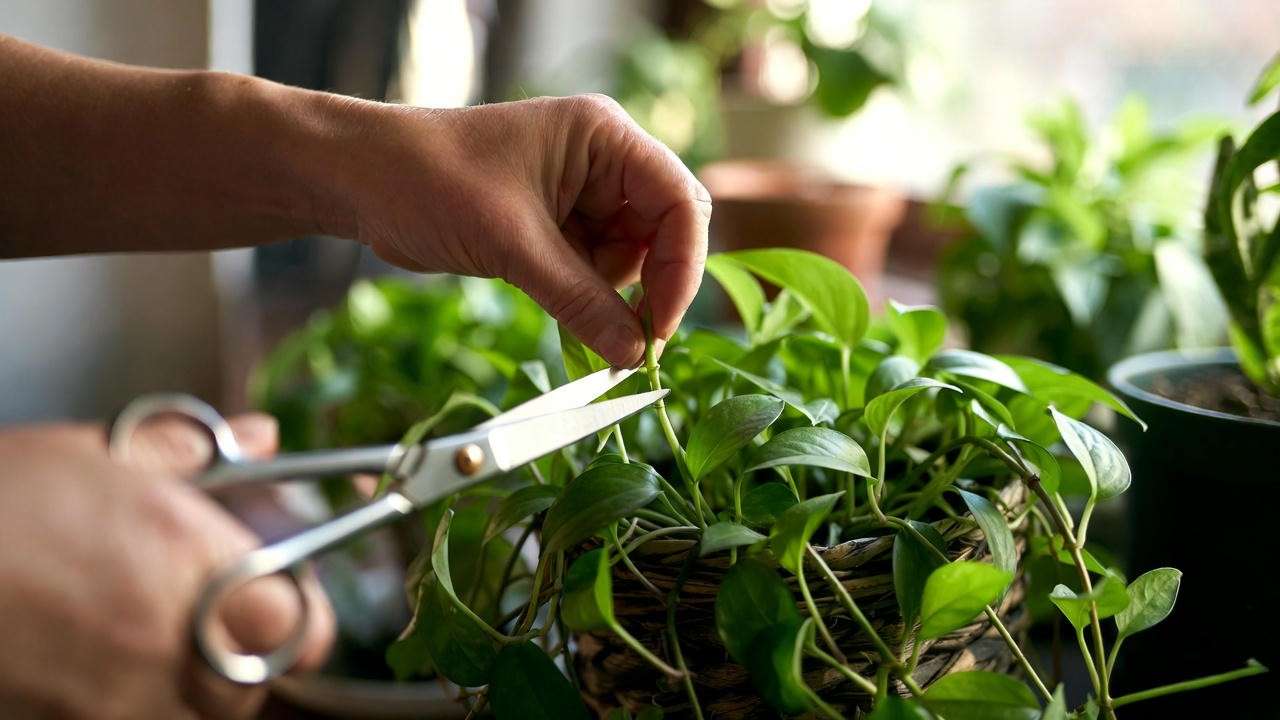 Pruning trailing plant in basket with scissors for bushier healthier growth