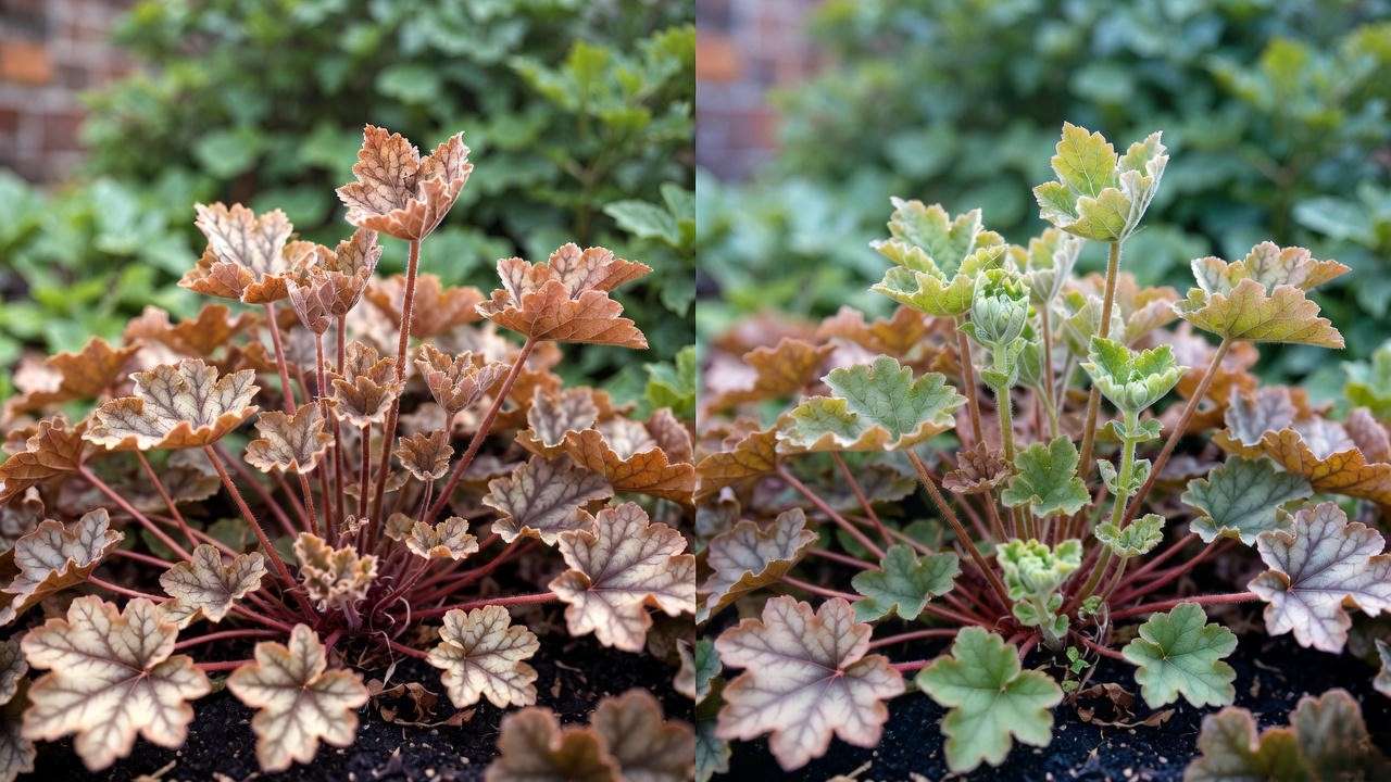 Before and after spring cleanup on Heuchera Caramel coral bells
