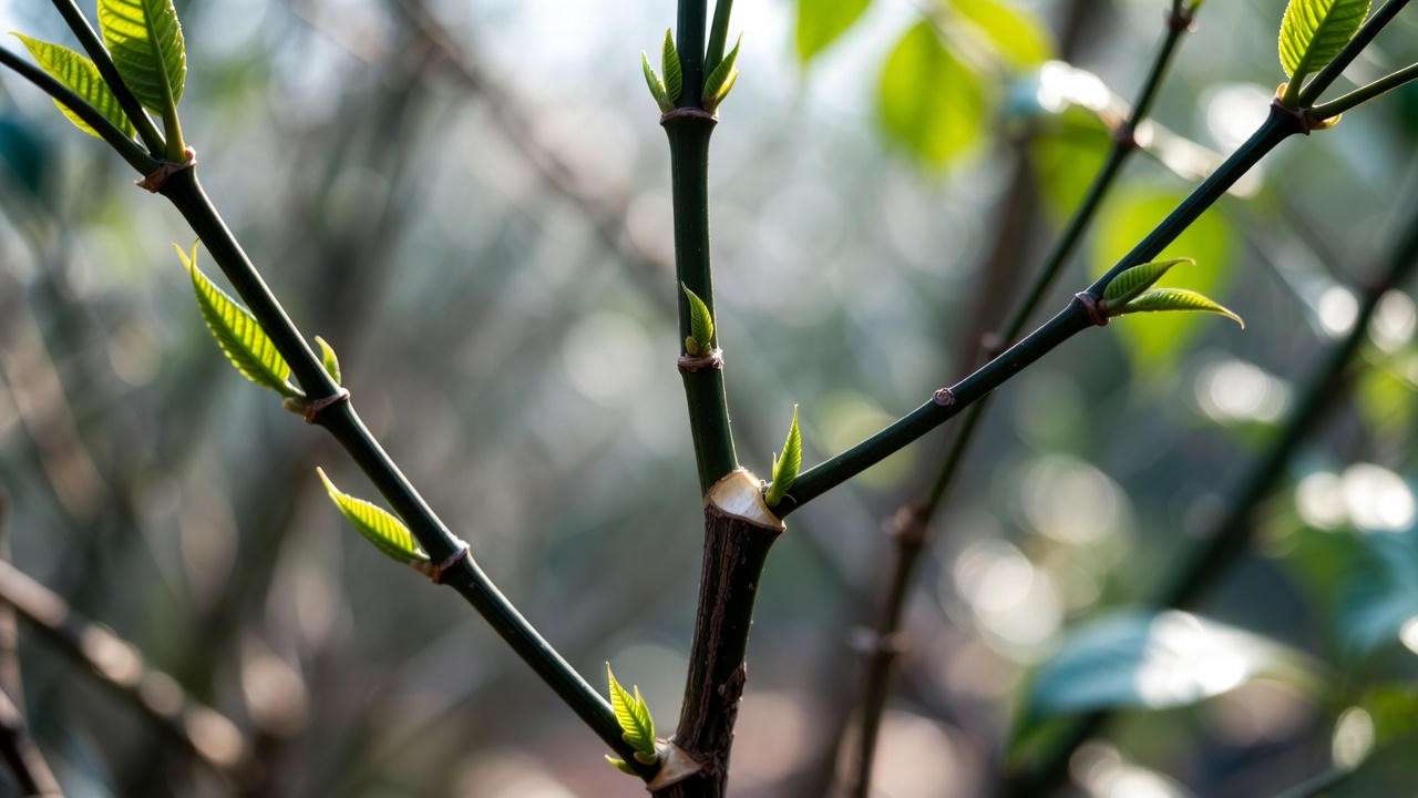 Olympia False Aralia plant after pruning showing new buds and bushier growth