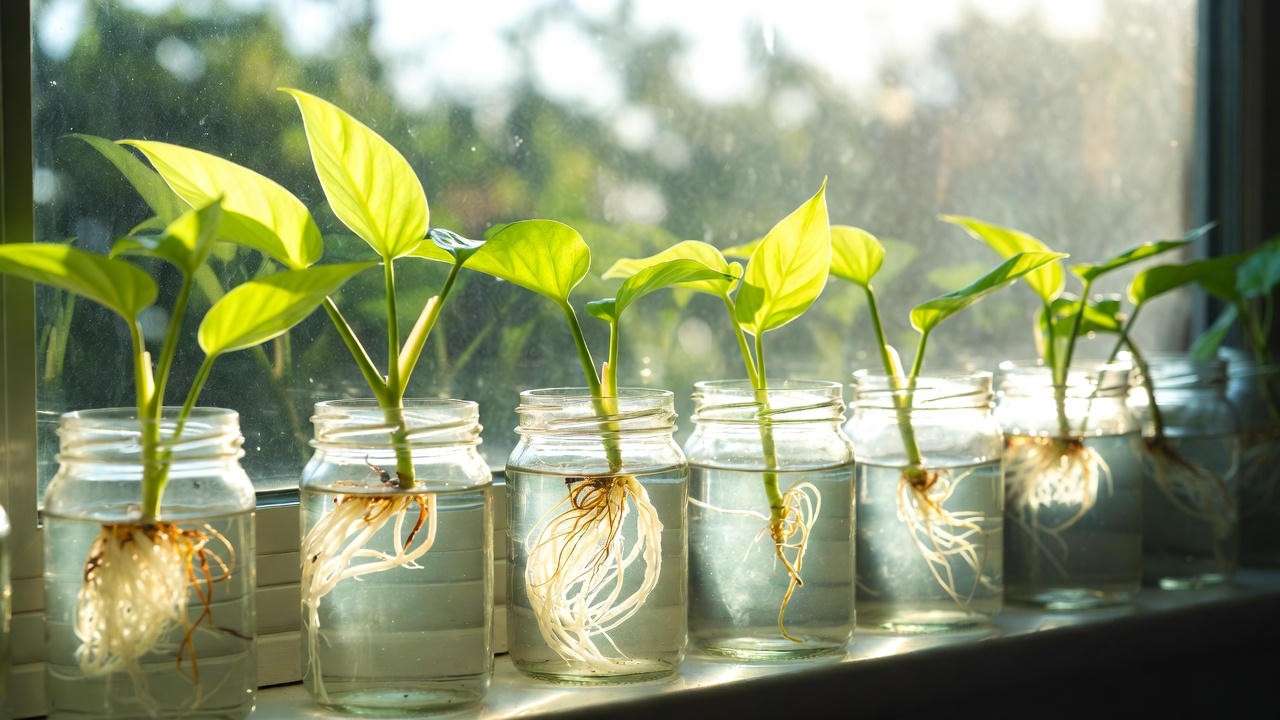Successful water propagation of Philodendron Neon cuttings showing healthy roots