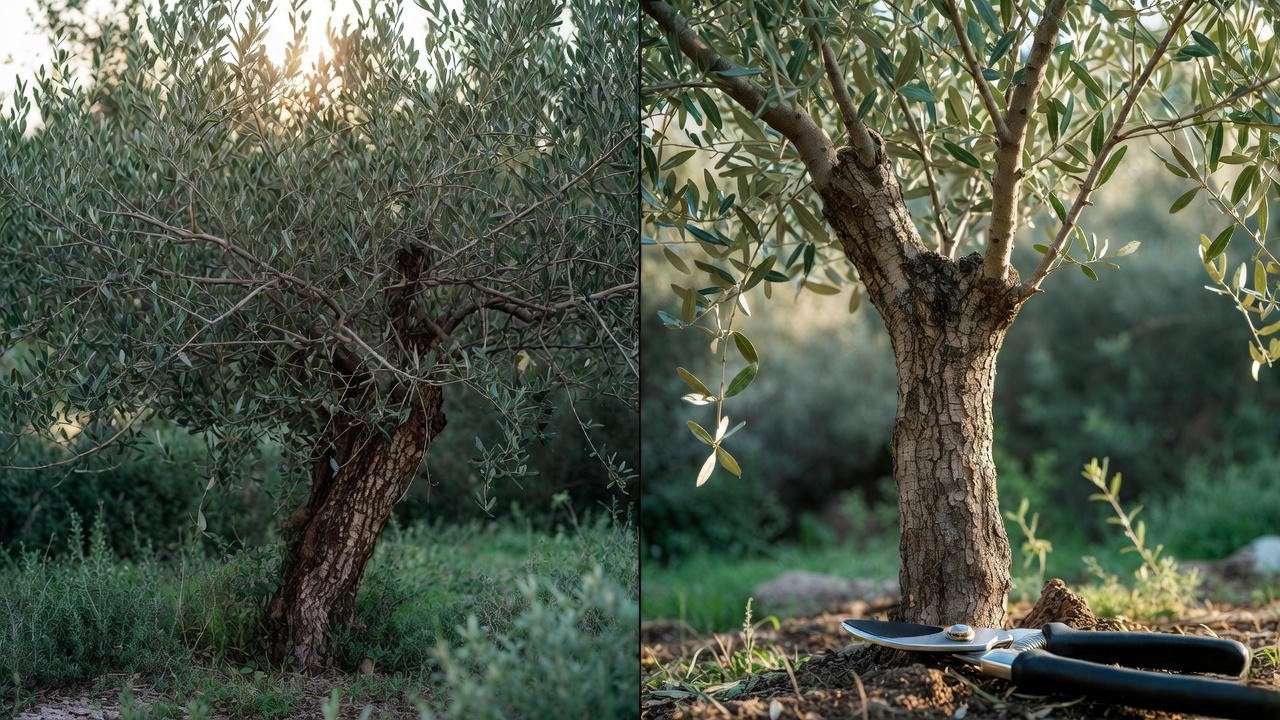 Before and after pruning an olive tree for better light and fruit production