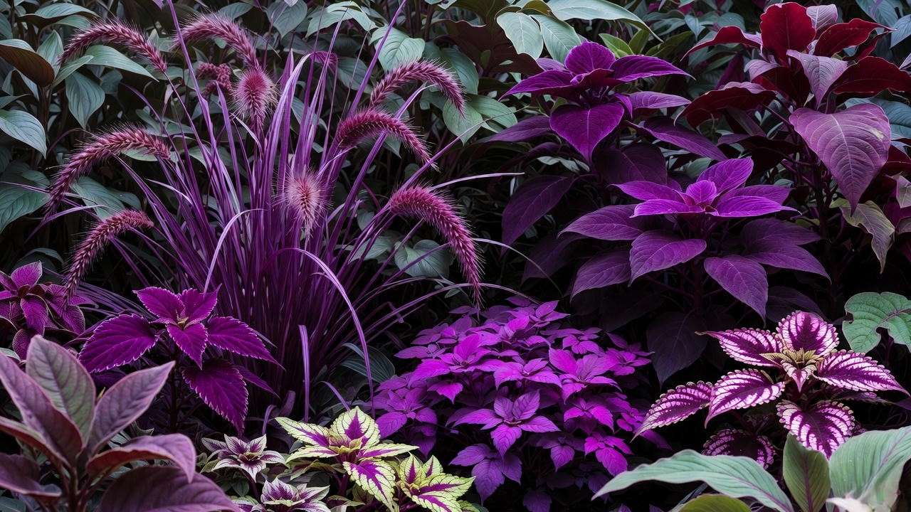 Rare purple leaf plants: Black Mondo Grass, Purple Fountain Grass, and bold Coleus varieties