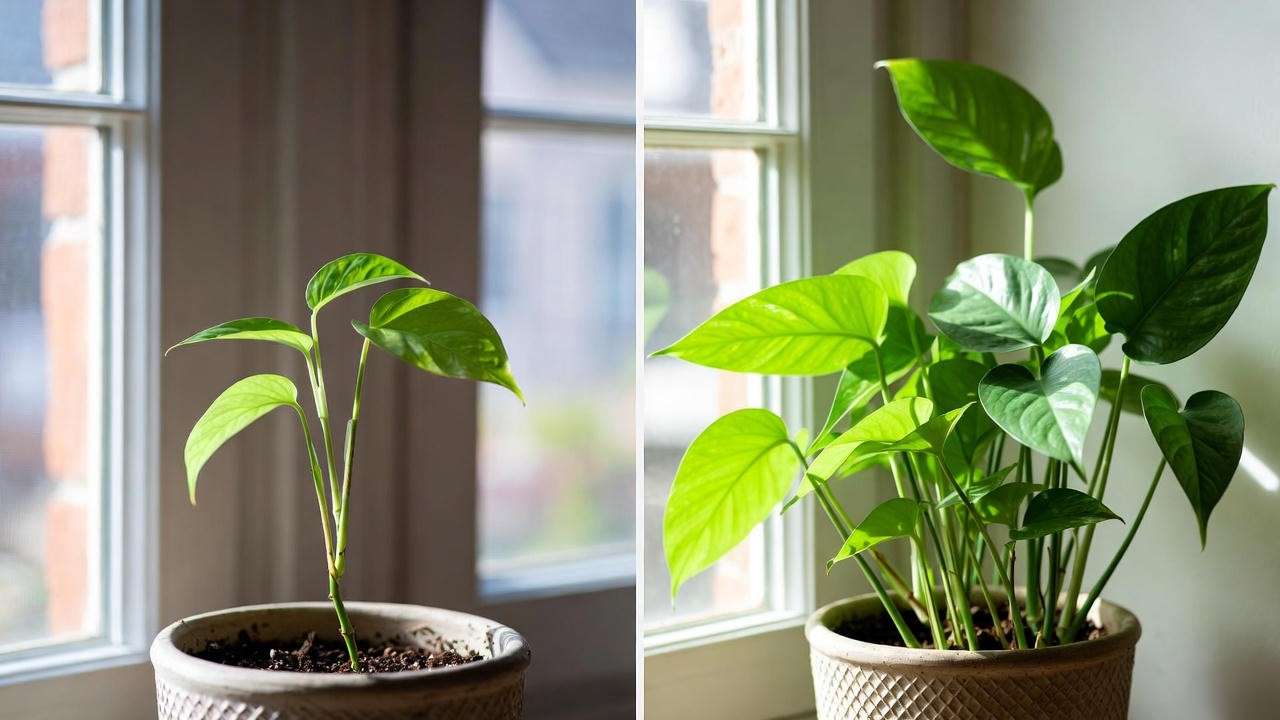 Before and after real-life houseplant growth example of monstera or pothos transformation