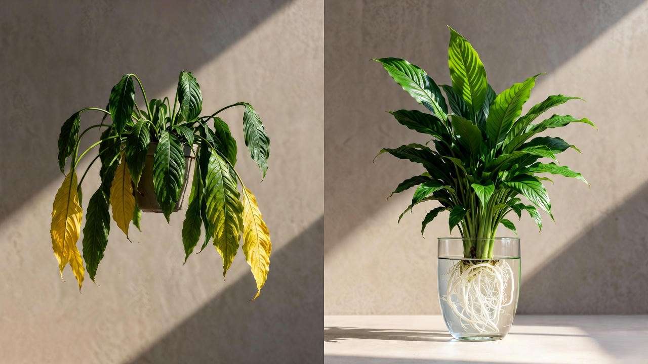 Before and after Peace Lily in clear plant pot transformation