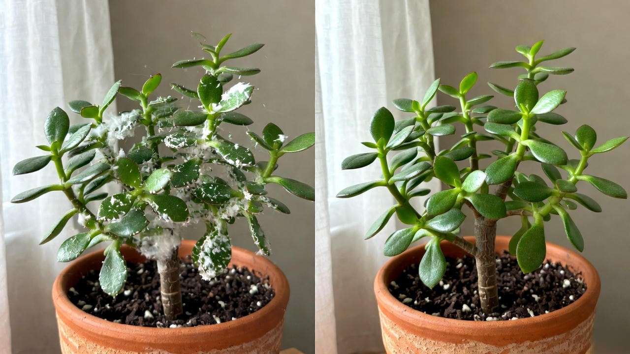 Before and after rescuing jade plant from severe mealybug white spots