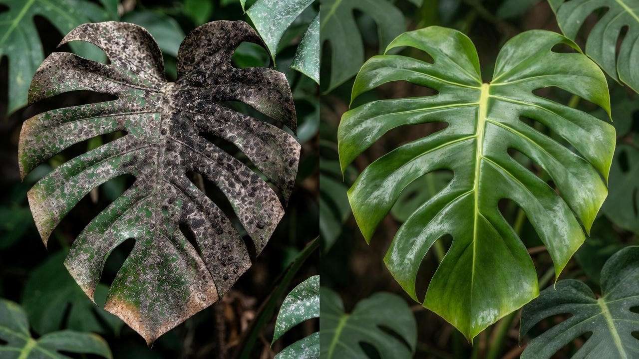 Before and after treating monstera leaf for scale insects and sooty mold – dramatic recovery”