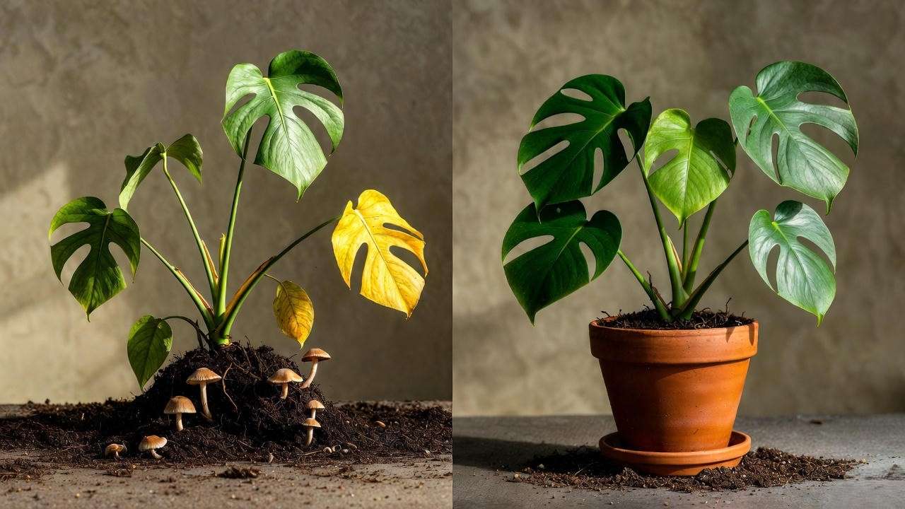 Before and after removing mushrooms and repotting houseplant – dramatic recovery in 3 months