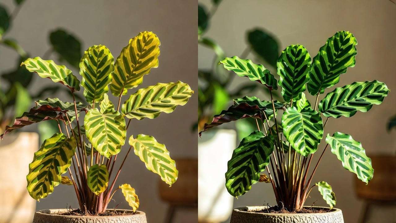 Before and after saving curly leaf Calathea from yellow leaves – 3-week recovery proof