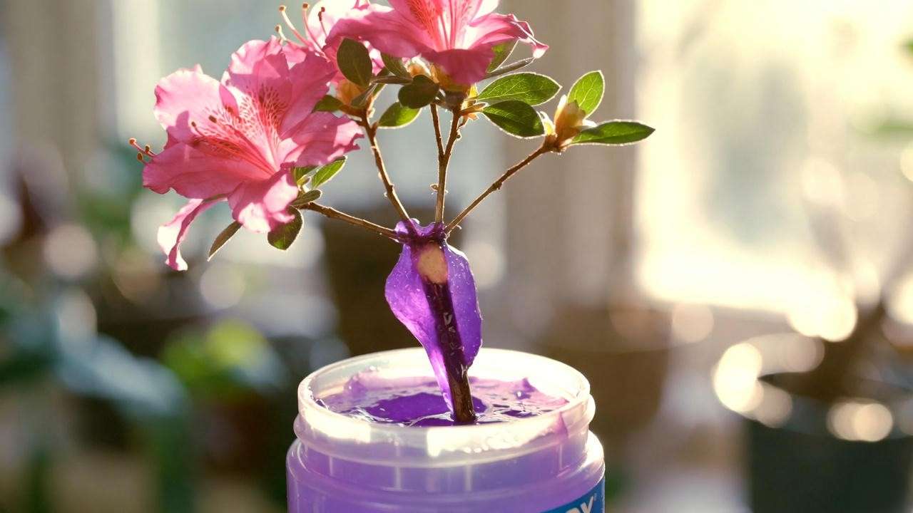 Dipping wounded azalea cutting into Clonex rooting hormone gel