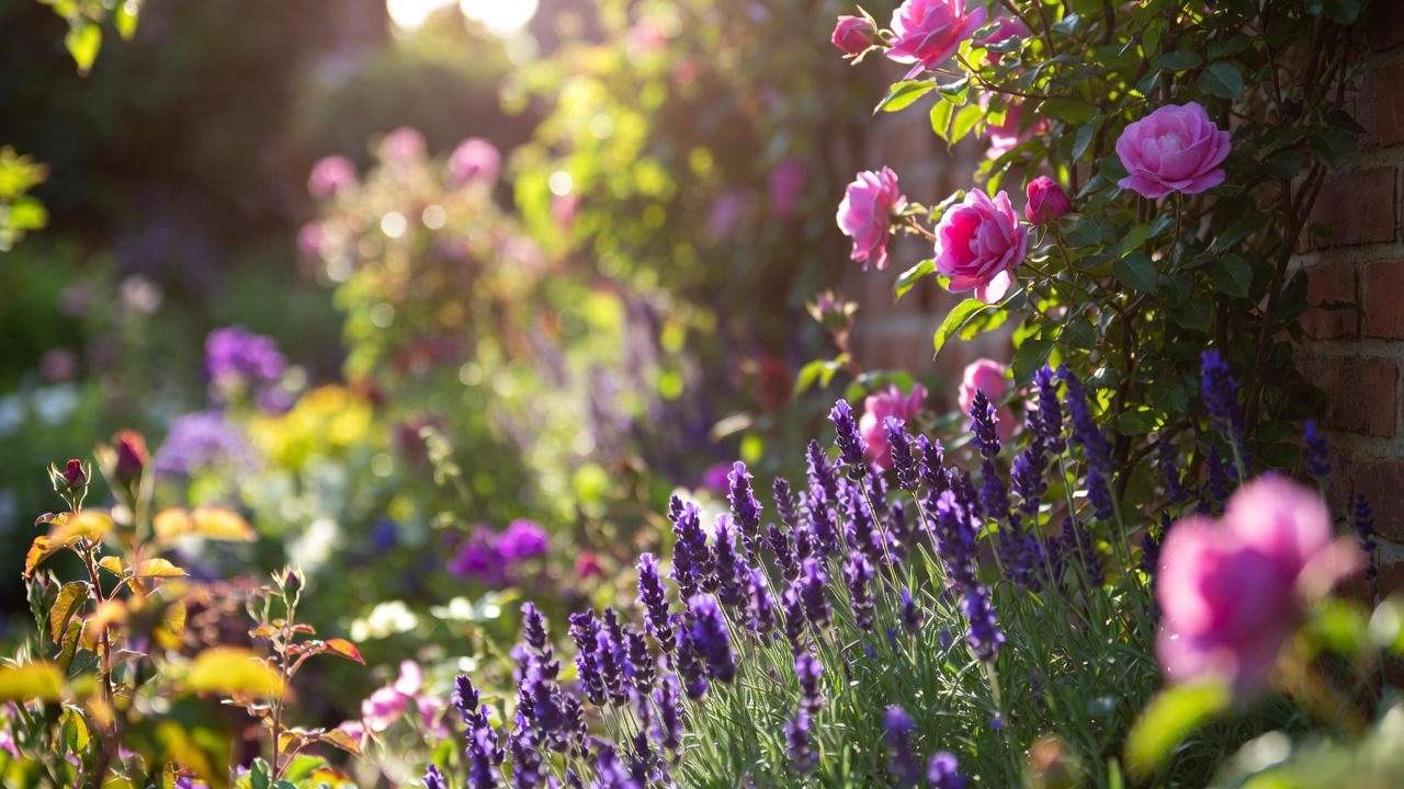 English lavender ‘Hidcote’ and climbing rose ‘Gertrude Jekyll’ in a dreamy cottage garden border