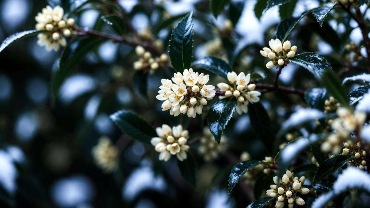 Sarcococca confusa sweet box with winter flowers in deep shade