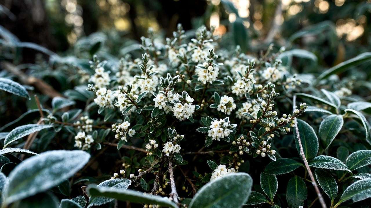 Fragrant winter-blooming Sarcococca sweetbox thriving in deep dry shade