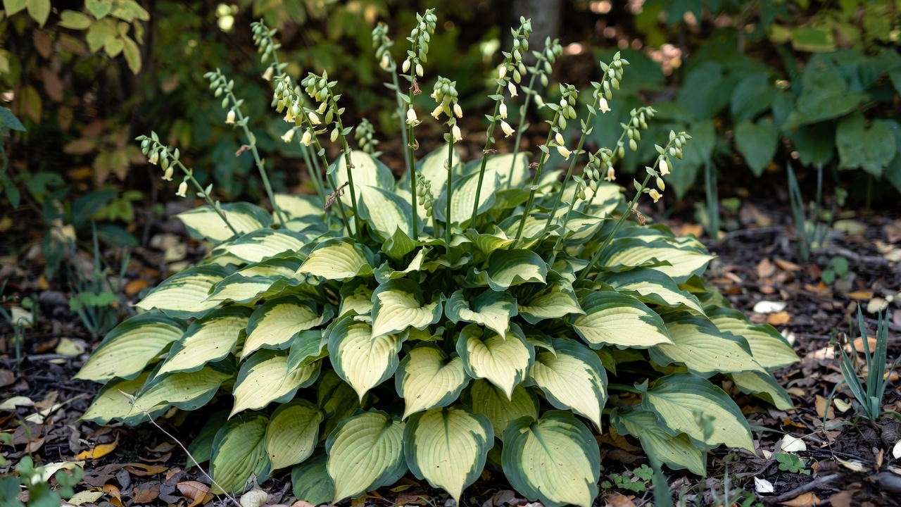 Mature Hosta 'Guacamole' in late summer with foliage and flowers
