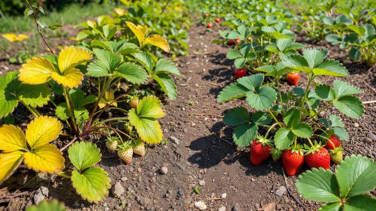Before and after renovating an overcrowded strawberry bed