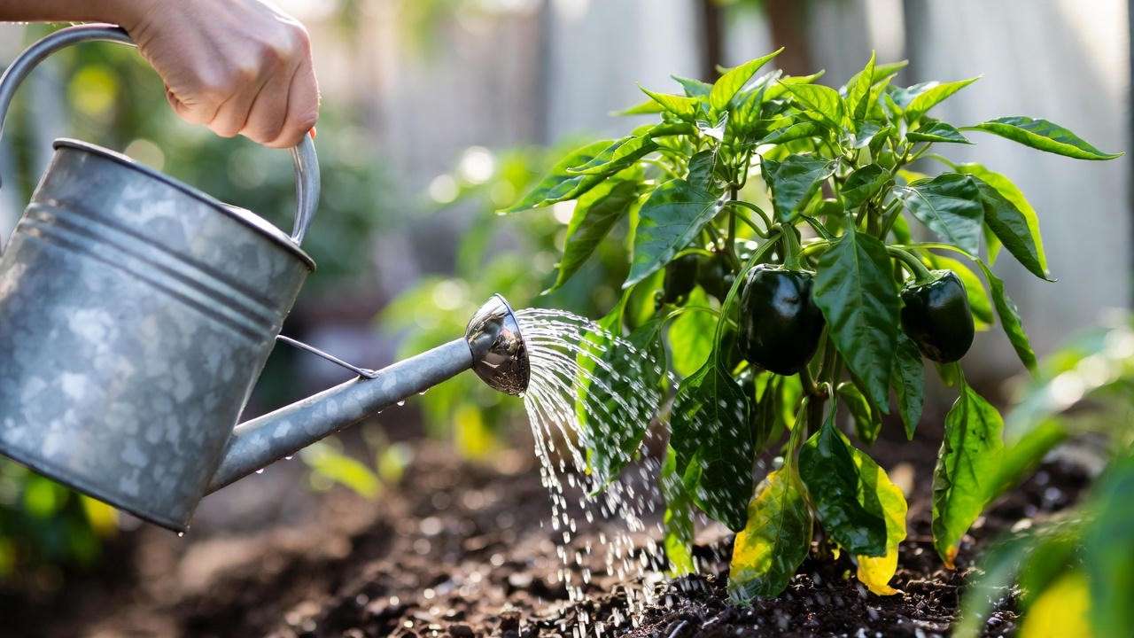 Watering a healthy poblano pepper plant in the garden