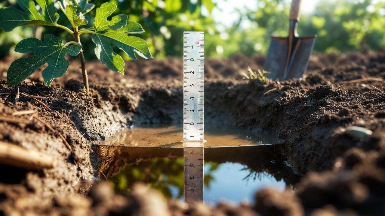 Simple garden drainage test hole for fig tree planting site evaluation