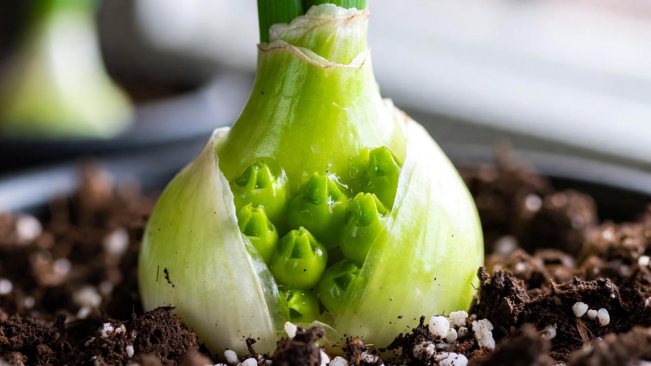 Pregnant onion plant bulb with baby bulblets forming under the skin in well-draining succulent soil