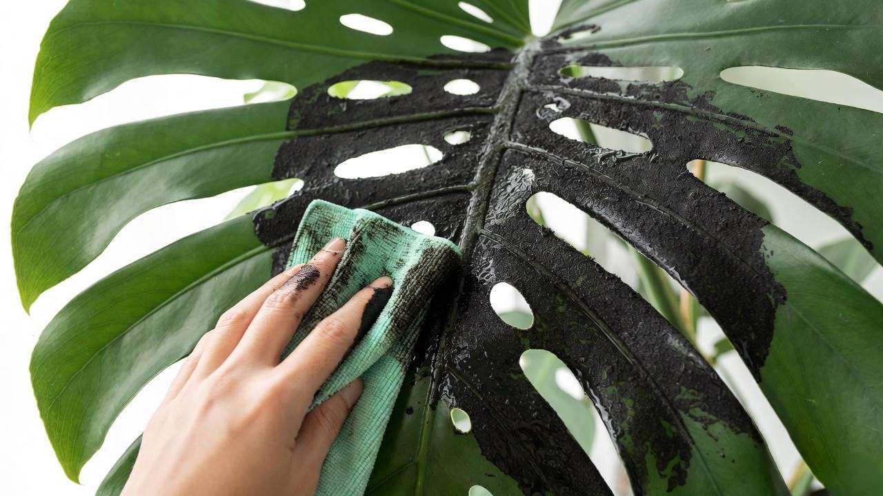 Removing sooty mold from houseplant leaf with damp cloth – black residue on fabric”