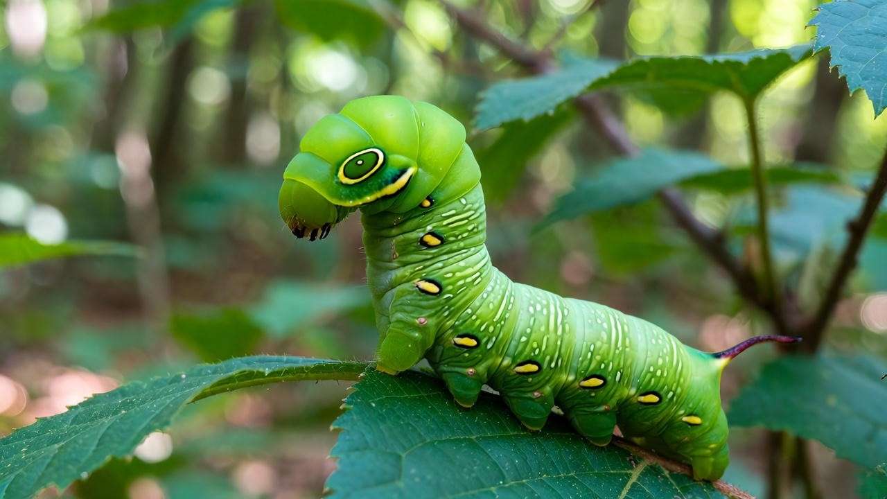Spicebush swallowtail caterpillar displaying snake-like eyespots on native spicebush shrub
