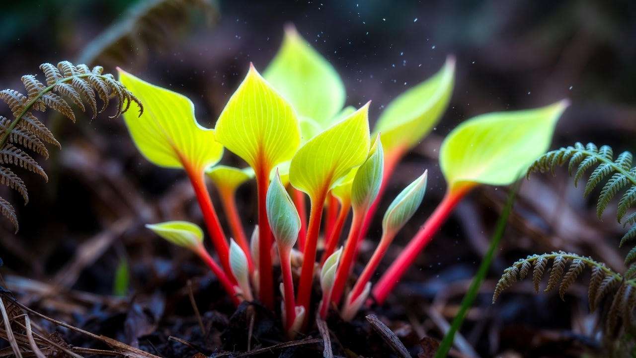 Fire Island hosta emerging in spring with neon chartreuse leaves and bright red stems