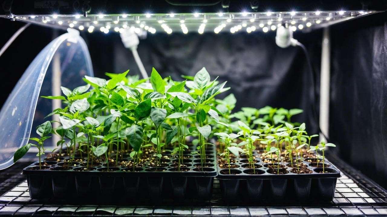 Giant Marconi pepper seedlings growing strong under LED lights with heat mat and humidity dome