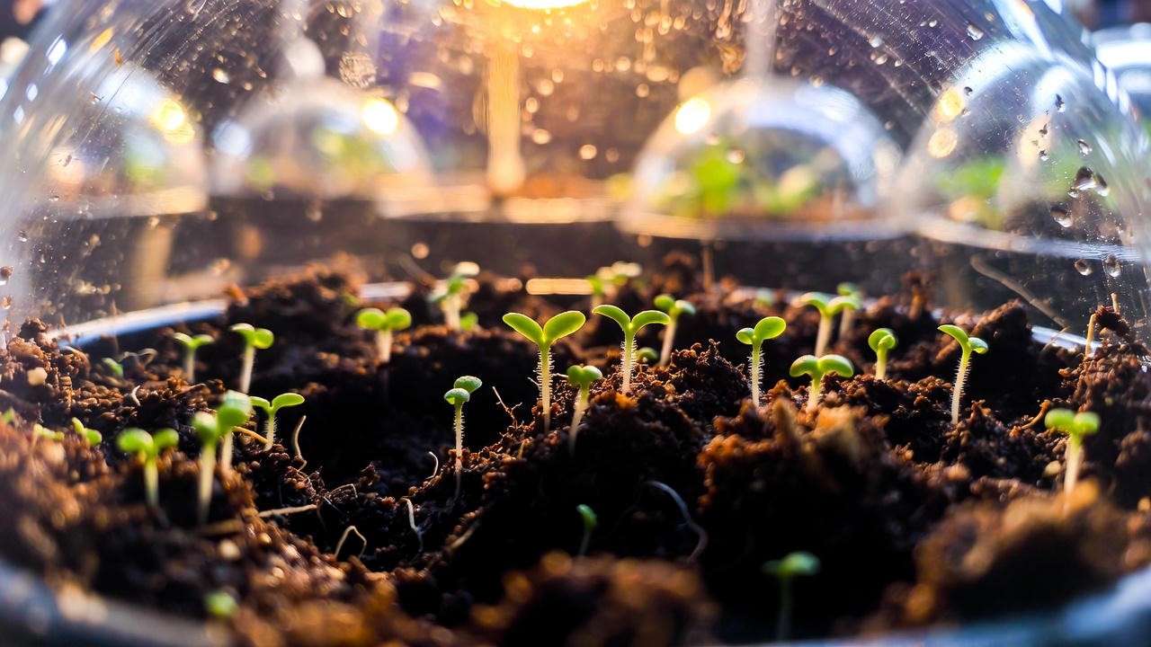 Scotch Bonnet seedlings emerging under grow light in humidity dome