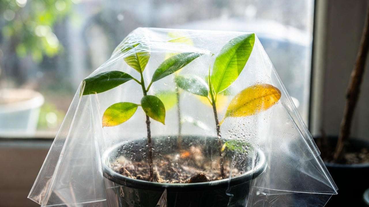 Rubber plant cuttings under plastic bag for high humidity during soil propagation