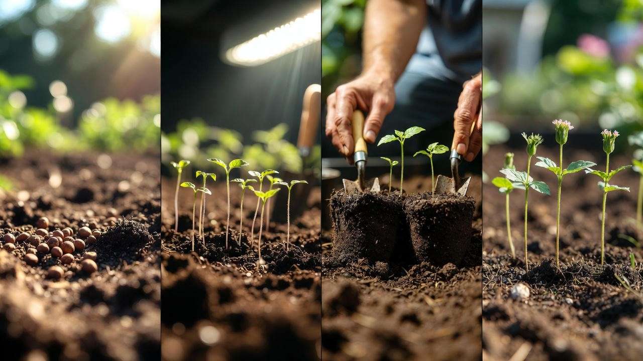 Step-by-step life everlasting plant from seed to flower bud in one image