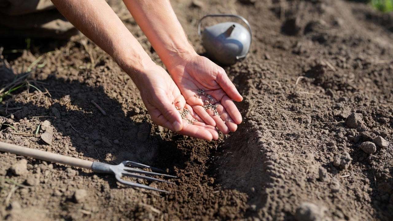 Hands sowing money plant seeds directly on soil surface