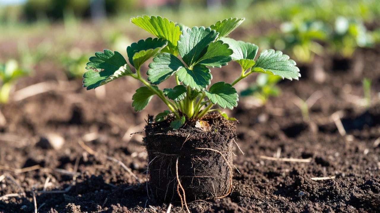 Perfect strawberry planting depth – crown at soil level for healthy growth