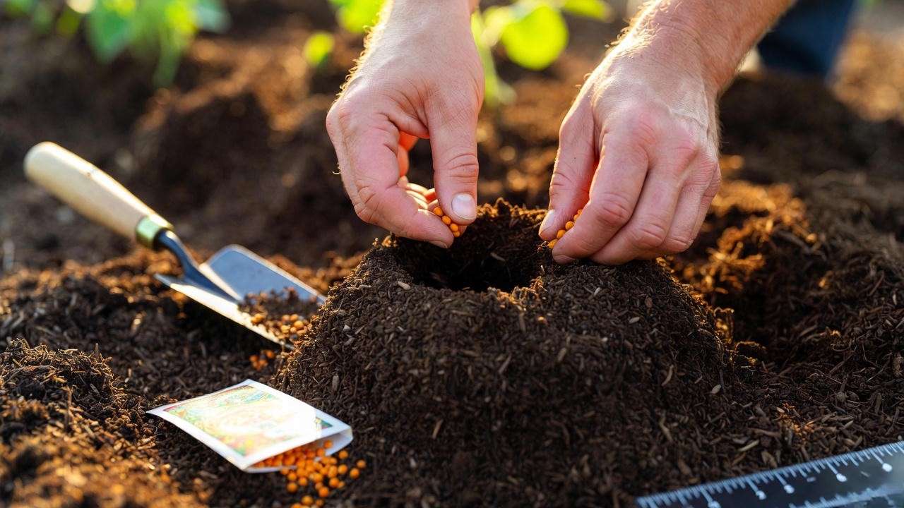 Step-by-step planting pumpkin seeds in Texas garden mound